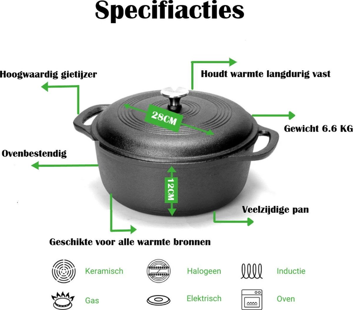 Gietijzeren Braadpan - 28 Cm - Pure Gietijzer - Niet Geëmailleerd - Geschikt Voor Inductie - Stoofpan Met Deksel - Sudderpan - Zwart 6 Gietijzeren Braadpan - 28 Cm - Pure Gietijzer - Niet Geëmailleerd - Geschikt Voor Inductie - Stoofpan Met Deksel - Sudderpan - Zwart - Afbeelding 6