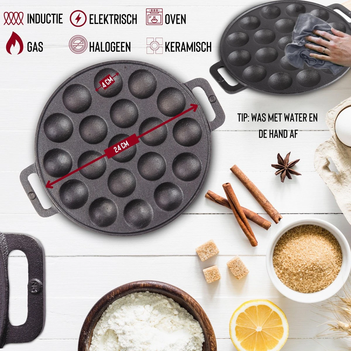 Rednas Poffertjespan Pakket - Incl. Luxe Giftbox - Incl.Bakkwast/Vork/Doseerfles - RVS/Gietijzer 5 Rednas Poffertjespan Pakket - Incl. Luxe Giftbox - Incl.Bakkwast/Vork/Doseerfles - RVS/Gietijzer - Afbeelding 5